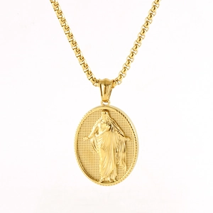 Religious Jesus Figure Pendant Necklace 18K Gold Plated Stainless Steel Oval Coin Medallion Jewelry