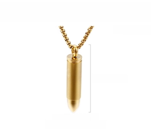 Detail of 18K gold-plated bullet pendant necklace showing 49mm height and 10mm diameter
