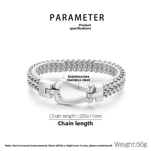 Detailed specs of stainless steel chain bracelet with horseshoe buckle, 220mm length