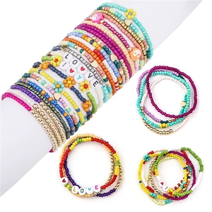 24-color 3mm glass seed bead bracelet set with LOVE letter beads and floral charms
