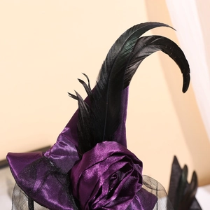 Gothic purple witch hat headband with black feathers, satin rose, and lace for Halloween party