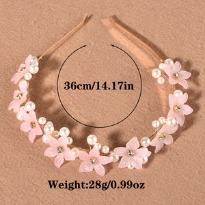 Flat lay of pink matte flower headband with pearls, showing 36cm size and 28g weight