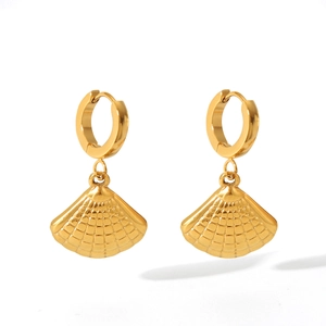 Detail of 18k gold plated stainless steel shell earrings with textured grid patterns