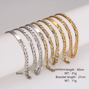 8mm stainless steel gold and silver curb chain necklace and bracelet set 60cm 21cm
