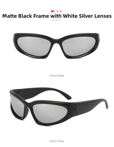 Detail view of matte black Y2K sports sunglasses with silver mirror lenses