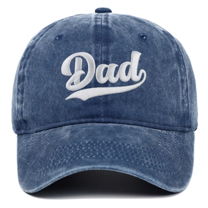 Washed dark blue cotton baseball cap with white 3D embroidered Dad letter on front
