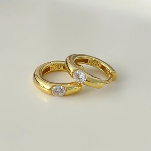 Minimalist gold-plated S925 sterling silver hoop earrings with round zircon stones