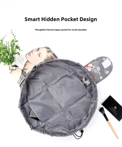 Detail view of large capacity waterproof drawstring makeup bag with dual zip pockets