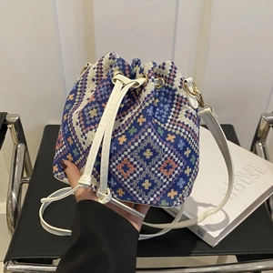 Vintage Women Bucket Bag Woven Jacquard Fabric PU Leather Drawstring Crossbody Shoulder Bag Ethnic Geometric Floral Pattern