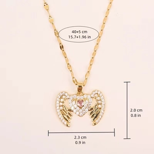 Titanium steel heart wing necklace with pink zircon pendant and measurement details