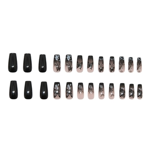 Long ballet press-on nails featuring black gradient butterfly and floral vine designs
