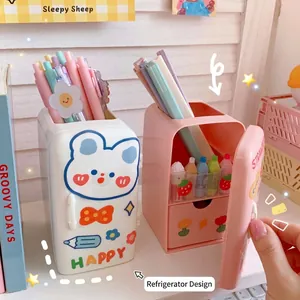 Cute refrigerator shaped desktop pen organizer set in white and pink with cartoon patterns