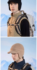 Detailed knit texture of winter thermal ear flap hat in black and khaki colors