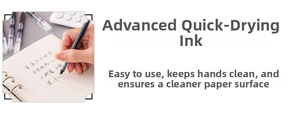 Detailed close-up of a 0.5mm needle tip quick-dry ink rollerball pen in hand writing