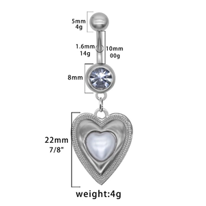 Silver heart navel ring with white inlay and clear zircon featuring 10mm bar length