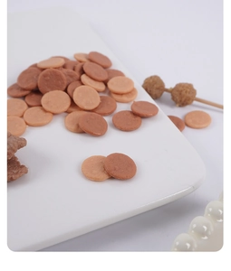 Detailed view of miniature toy meat patties in brown shades on a white tray