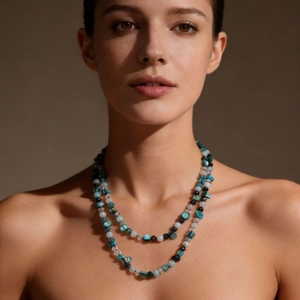 Bohemian double-layered shell and crystal beaded long necklace with turquoise accents