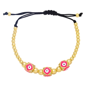 Bohemian adjustable evil eye beaded bracelet with pink enamel and gold-plated metal accents
