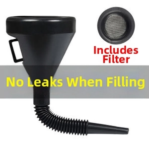 Universal black car funnel set with flexible extension hose and metal mesh filter component