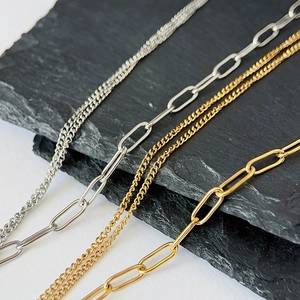 Detailed comparison of 18K gold and silver plated chains in curb and paperclip styles