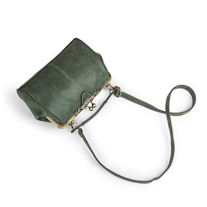 Retro dark green matte leather messenger bag with vintage bronze kiss-lock closure