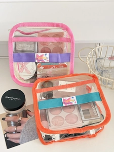 Detailed view of clear PVC makeup bag with vibrant contrast trim and zipper closure