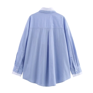 Blue and white striped poplin shirt with white contrast collar and back box pleat