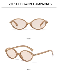 Detail view of brown champagne oval sunglasses with C.14 model mark on the frame
