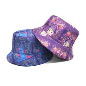 Bucket Hat Polyester Sun Protection Psychedelic Buddha Mushroom Print Hippie Streetwear For Men Women