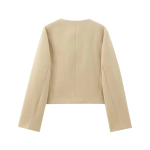 Back view of a cropped collarless beige blazer in textured tweed fabric with center seam