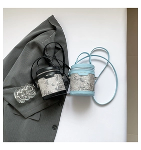 Chic black and light blue bucket bags with jacquard fabric and PU leather detail