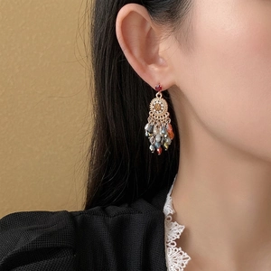 Elegant vintage bohemian tassel earrings with colorful crystal beads and gold metal base