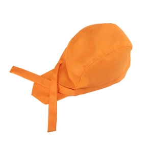 Detail view of bright orange chef headwrap with adjustable rear tie straps and fabric texture