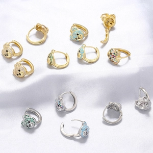 Teddy Bear Head Hoop Earrings Brass Inlaid Cubic Zirconia Cute Animal Huggie Jewelry For Women