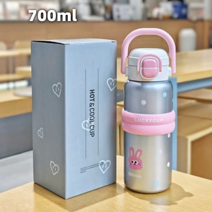 Detailed view of 700ml cartoon insulated water bottle with handle and retail packaging