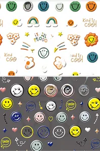 Detail of colorful cartoon smiley face nail stickers with Kind Is Cool text design