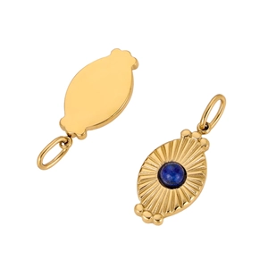 Set of two gold stainless steel pendants with a blue natural stone and sunburst texture