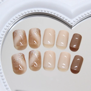 Short square coffee brown cat eye false nails with elegant shimmer and glossy finish