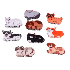 Set of 8 cute cartoon animal hair clips featuring corgi and cat designs for high ponytails