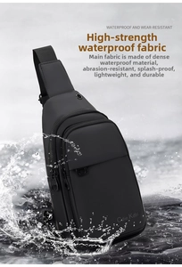 Close-up of waterproof black crossbody bag fabric with water splash test detail