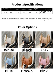 Detailed size chart and dimensions for the crescent PU shoulder bag with chain strap