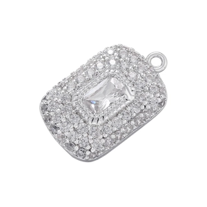 Rectangle iced out pendant featuring a large clear center stone with double halo setting