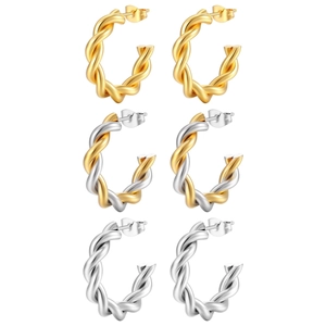 Three pairs of twisted hoop earrings in gold and silver finish, high-quality stainless steel