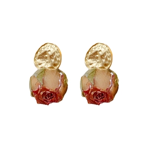 Elegant 925 silver needle rose flower earrings with handmade resin floral design