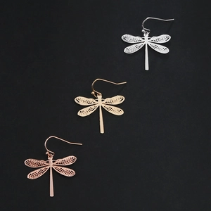 Vintage dragonfly hook earrings in silver gold and rose gold with hollow metal wings