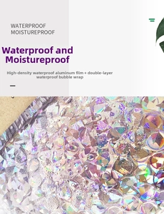 Close-up of waterproof holographic laser bubble mailer with high-density water droplets
