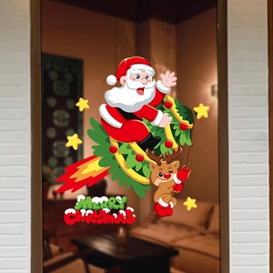 Christmas window decals with Santa on rocket, reindeer, and stars for holiday decor