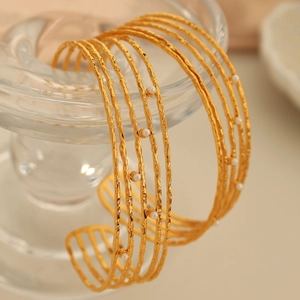 Multi Layer Stainless Steel Open Cuff Bracelet With Faux Artificial Pearls Hammered Texture Elegant Geometric Jewelry For Women