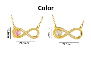 Detail of infinity necklaces with pink and clear heart stones and dimension markings