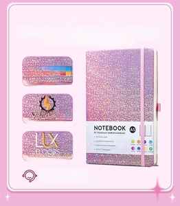 Pink glitter A5 notebook showing custom logo printing and elastic strap details
